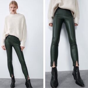 ZARA Faux Leather Pants Olive Green Zippered Ankle Legging Sz S Classic Citycore